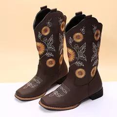 Mulher flor bordado sapatos deslizamento-on botas de equitação senhora salto quadrado meados de bezerro bota feminina inverno fino sapato de pelúcia zapatos de mujer