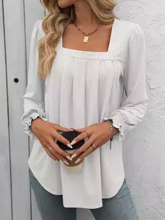 Camiseta feminina casual de manga comprida com gola quadrada, mangas folhada, design plissado, tops de pulôver, camisetas na moda - Wolf Magazine