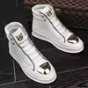 Bota de plataforma leopardo masculina, sapato de couro alto, tênis de metal, calçado masculino, designer de luxo, tendência