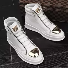 Bota de plataforma leopardo masculina, sapato de couro alto, tênis de metal, calçado masculino, designer de luxo, tendência