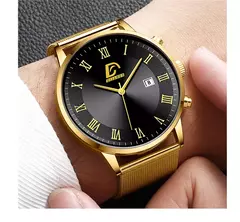 Imagem do Homens de aço inoxidável malha cinto relógio de quartzo, calendário relógios, colar masculino, relógio de pulso, ouro, luxo, negócios, moda, 2pcs set