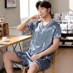 Conjunto de pijama de seda gelo manga curta masculino, pijama casual fino de simulação, tamanho grande, roupa para casa, verão, 2 peças - Wolf Magazine