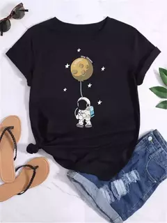 Camiseta feminina casual de manga curta com gola redonda, streetwear feminina, tops vintage, camiseta Maycaur, estampada com planeta lunar, moda camisetas - comprar online