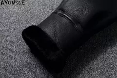 AYUNSUE-Jaqueta bomber de couro genuíno masculina, casacos pretos, roupas grandes, pele de carneiro natural, inverno - loja online