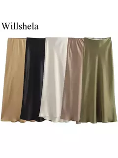 Willshela-Saia Midi Sólida Plissada Feminina, Vintage, Elástico Médio na Cintura, Saias Chiques Femininas, Moda Feminina - loja online