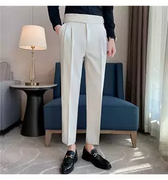 Estilo britânico dos homens de cintura alta vestido casual calça masculina cinto design calças finas formal escritório social vestido de festa de casamento terno calças na internet
