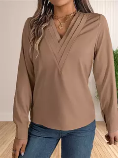 Vestido feminino de manga comprida em camadas com decote em v, tops de trabalho, roupa de escritório, blusa empresarial, 2024 na internet