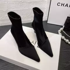 Imagem do Elegante bota feminina de salto alto fino, dedo apontado de cetim, botins glamorosos elásticos, elegância curta, nova
