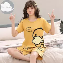 Imagem do Desenhos animados pato impressão pijama conjuntos para jovens amantes, pijamas de algodão, ternos curtos para casais, moda homewear, verão, 4XL