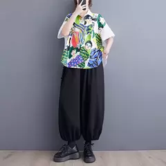 Estilo coreano blusa de manga curta para as mulheres, camisa estampada preta, ajuste solto, casual, tamanho grande, verão, jxs097 - comprar online