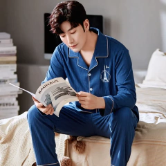 Conjunto de pijama masculino 100% algodão manga comprida solto casual outono/inverno temporada cardigan pijamas - comprar online