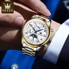 OLEVS-Relógio de pulso mecânico automático masculino, Moon Phase, Calendário, Impermeável, Aço inoxidável, Pulseira de couro, Original - comprar online