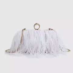 Ostrich Feather Clutch Bag para senhoras, Faux Fur Wallet, anéis de diamante Knuckle, jantar, bolsa de casamento, chique de luxo, moda na internet