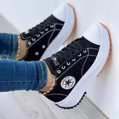Tênis de lona padrão para mulheres, sapatos casuais, dedo do pé redondo, renda plana, novo, outono, 2024 - comprar online