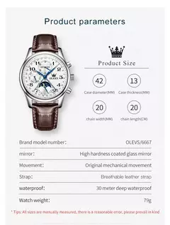 OLEVS-Relógio de pulso mecânico automático masculino, Moon Phase, Calendário, Impermeável, Aço inoxidável, Pulseira de couro, Original - Wolf Magazine