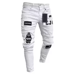 Calças jeans skinny rasgadas elásticas masculinas, bordado branco, algodão, hip hop, buraco negro, slim fit, calças jeans grandes, alta qualidade - comprar online