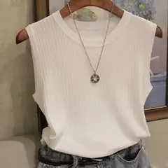 Tops finos sem mangas com o pescoço em O feminino, coletes de malha, blusa casual, camisa verão, nova moda, 2024