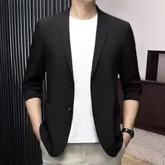 Imagem do Blazers de negócios monocromáticos masculinos, blazers slim fit, botões duplos, lapela, mangas 3/4, terno de deslocamento, casaco do noivo