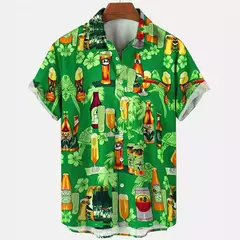 Camisa Retro de Cerveja Masculina Estampada 3D, Padrão para Beber Natal, Engraçado Street Top, Casual Manga Curta, Blusa de Botão, Roupas