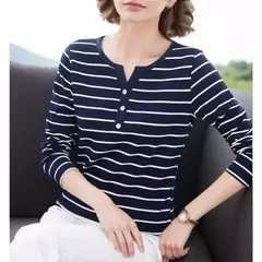 Blusa com decote em v estampada listrada para mulheres, camisas de manga comprida, tops casuais para senhora, primavera e outono - loja online