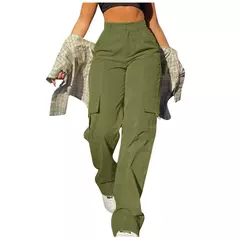 Calça de perna larga feminina, bolso com aba de rua, detalhes da fivela lateral, calças paraquedas hip hop, moda Y2K