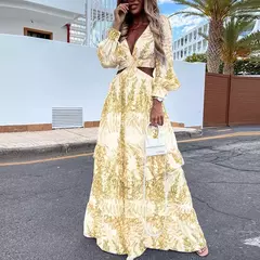 Primavera novo vestido longo moda impressão sexy profundo decote em v vestido de manga comprida feminino elegante oco para fora plissado emendado maxi vestido