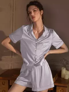 Conjuntos de pijama de seda falsa feminino, pijamas sólidos, noite para dormir, roupas de casa, moda coreana, 2 peças, verão - Wolf Magazine