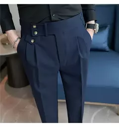 Calça de cintura alta estilo britânico masculina, justa, calça formal de escritório, social, festa de casamento, fato de vestido, calça, casual na internet