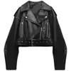 TRAF-Jaqueta curta de couro sintético feminina com cinto, casaco vintage extragrande, streetwear solto, zíper feminino, outwear retrô Moto Biker