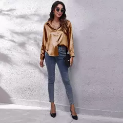 Blusa feminina de cetim manga longa, camisa cetim, tops de seda, vestuário europeu e americano, novo - Wolf Magazine