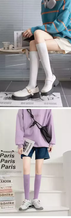 Meias longas e sólidas de cor doce para mulheres, meias na moda, lisos, estilo japonês, altura do joelho, macias, respiráveis, algodão, estudante - Wolf Magazine