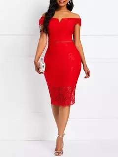 Vestido de noite em renda para mulheres, manga curta, decote em v, Off-the-ombro, comprimento médio, bolsa, quadril, sexy, europeu e americano, 2024 - Wolf Magazine