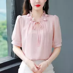 Chiffon blusa com gola pétala para as mulheres, blusa solta e casual, meia manga, gravata borboleta, nova moda, primavera verão, tamanho m a 4xl, 2024 na internet