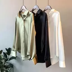 Blusa feminina de manga comprida de cetim vintage, camisa sedosa, blusa de escritório de trabalho, camisa casual feminina, outono na internet