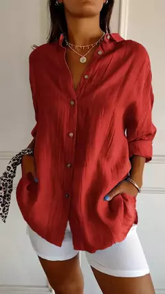 Camisa casual de algodão de linho, top de lapela, gola V, solta, monocromática, escritório, retrô, verão, moda, 2024 - comprar online