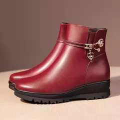 Botas de couro macio forrado de lã grossa para mulheres, botas de algodão quen - loja online