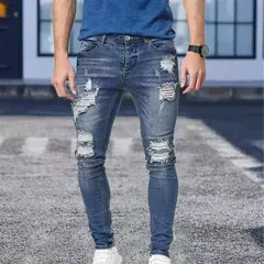 Calças jeans skinny rasgadas elásticas masculinas, bordado branco, algodão, hip hop, buraco negro, slim fit, calças jeans grandes, alta qualidade - comprar online