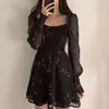 Mulheres Sexy Black Chiffon Dress Primavera Flor Vintage Longo Puff Manga Vestidos Coreano Casual Mini Vestidos Roupas Elegantes 13676