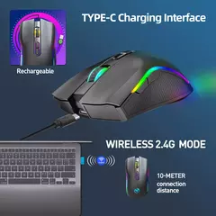 HXSJ-T69 Mouse mecânico sem fio para jogos, 2.4G, RGB, ergonômico, 7 botões programáveis, 4800DPI, Office Gamer - loja online