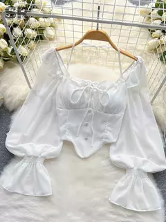 Imagem do SINGREINY-Blusa Chiffon de Manga Flare para Mulheres, Tops Ruffle, Cintura Elástica Sólida, Halter Backless, Slim Ladies, Harajuku Sexy Blusa Curta