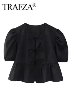TRAFZA-Feminina Hollow Out O-Neck manga curta com renda por cima, blusa casual, streetwear chique feminino, camisa sólida da moda, 2024 - comprar online