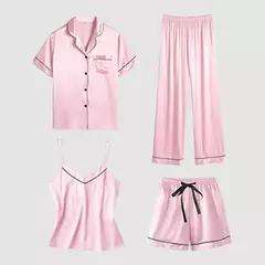 Conjunto pijama de seda de quatro peças para mulheres, cor sólida sexy, desgaste múltiplo, conjunto pijama casual, venda quente, novo, verão - comprar online