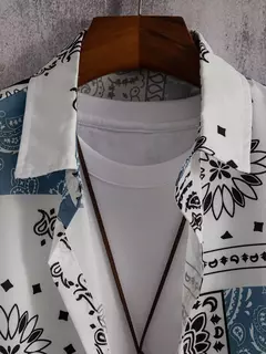Camisa havaiana estampada geométrica masculina, blusa de praia de peito único, tops de manga curta, roupa de feriado masculina, moda flor, 2023 - loja online