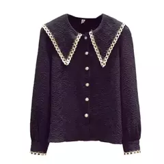 Blusa feminina de botão solto, manga longa, monocromática, roupas de primavera e outono, camisa jovem, tops casuais, moda coreana, nova - comprar online