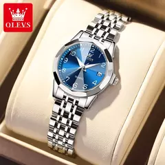 OLEVS-Relógio de quartzo para mulheres, aço inoxidável sólido, mostrador digital, pulseira elegante impermeável, espelho losango, conjunto presente - loja online