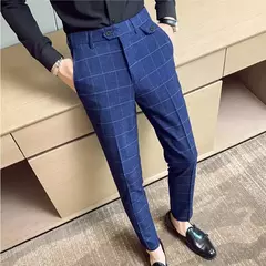 Calça xadrez listrada masculina, calça justa, social, de negócios, casamento, noivo, nova moda, alta qualidade, 2024