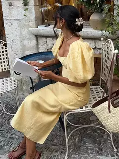 Vestido midi elegante e recortado para mulheres, gola quadrada, manga folhada, vestido de fenda para senhora, elegante moda de festa, amarelo, verão, 2024 na internet