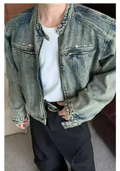 Jaqueta jeans de rua masculina, vintage lavada, jaqueta de caubói angustiada, streetwear casual, primavera, novo, estilo americano, zíperes - Wolf Magazine