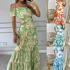 Vestido de balanço de manga curta feminino, temperamento sexy, deslocamento, slim fit, estampado, oco, renda para cima, balanço grande, cintura alta, dr - Wolf Magazine