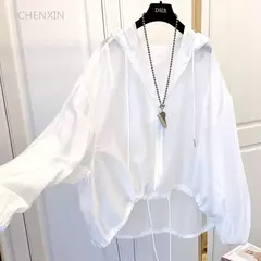 Imagem do Casacos de zíper à prova de sol femininos, casacos finos e soltos, roupas para ver através do exterior, roupas leves, pretas, verão